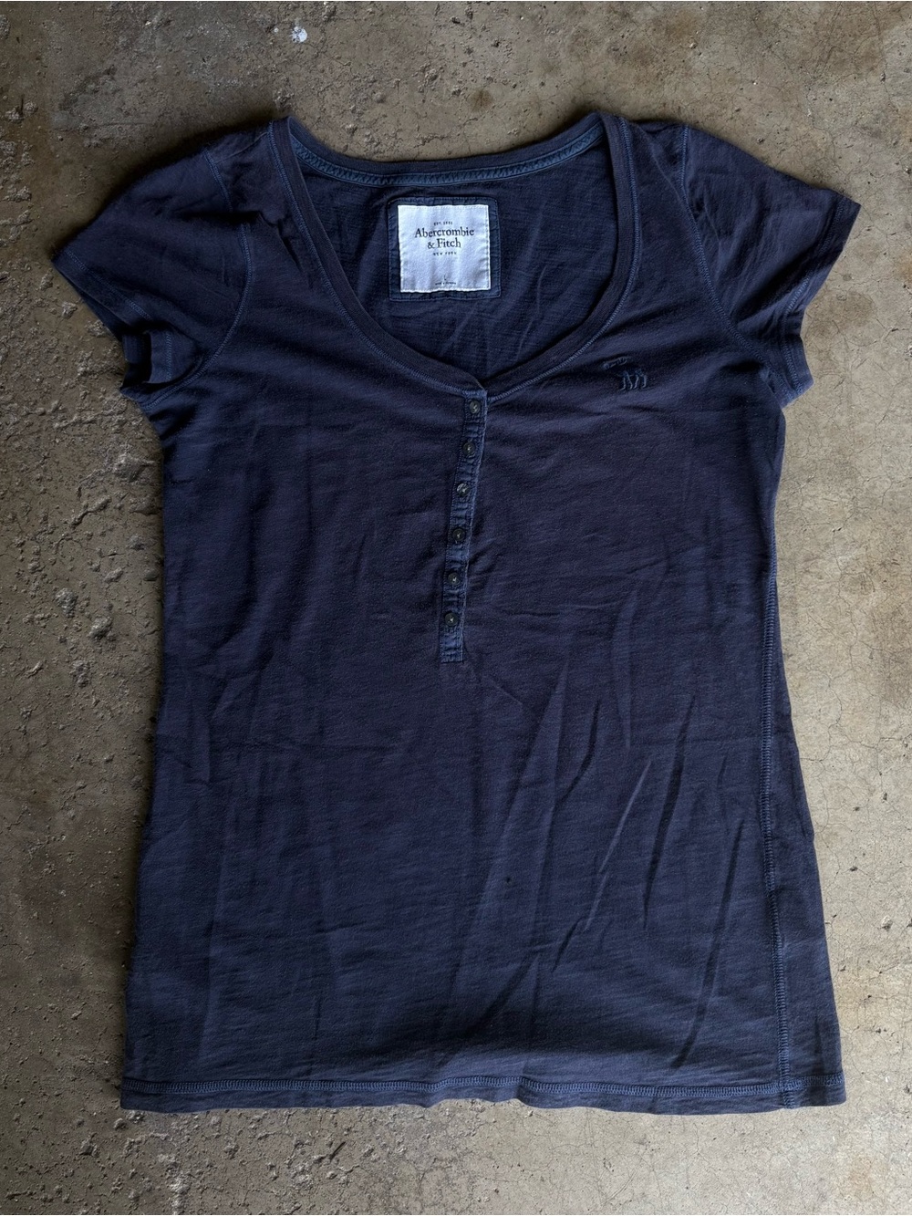Y2K Abercrombie Fitch Womens Navy Blue Henley Baby Doll T Shirt Moose Logo L USA